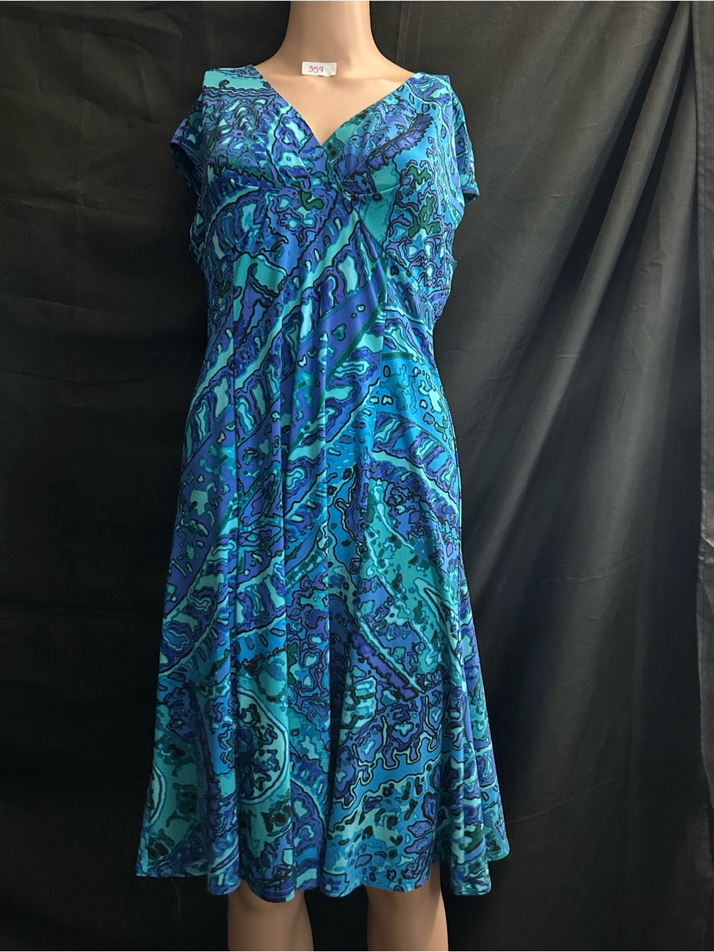 Evan Picone Blue Turquoise V-Neck Printed Women's Dress SZ 8